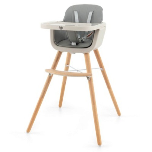 Babyjoy 3 in 1 Convertible Wooden High Chair Toddler Feeding Chair with Cushion Gray/Beige/Yellow/Pink/Dark Grey/Black, Color: Gray