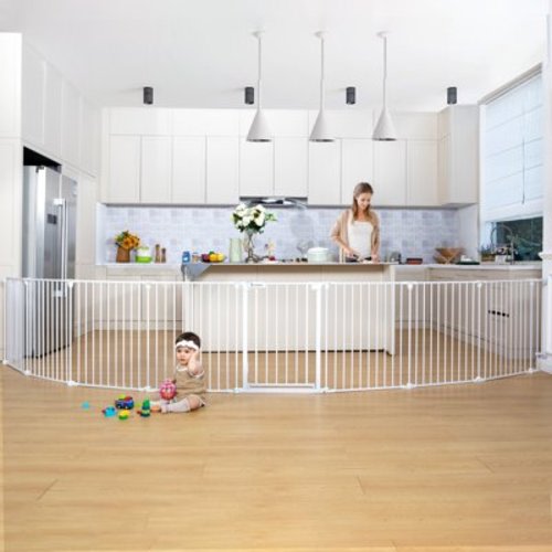 Baby Gates, 8Panel 198" Extra Wide 30" Tall Baby Gates Fireplace Fence Toddler Playard, White