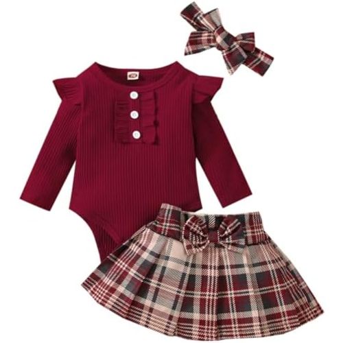 Mubineo Baby Girl Christmas Clothes Plaid Outfits Long Sleeve Romper Overall Skirt Dress Cute Newborn Outfit