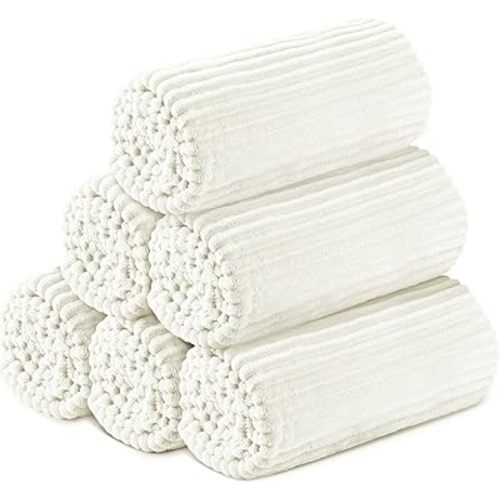 Buryeah 6 Pcs Flannel Throw Blanket Bulk 50 x 60 Inch Sleepover Blankets Wedding Throw Soft Lightweight with Striped Ribbed for Sofa Room Couch Donation Homeless Gifts (White)