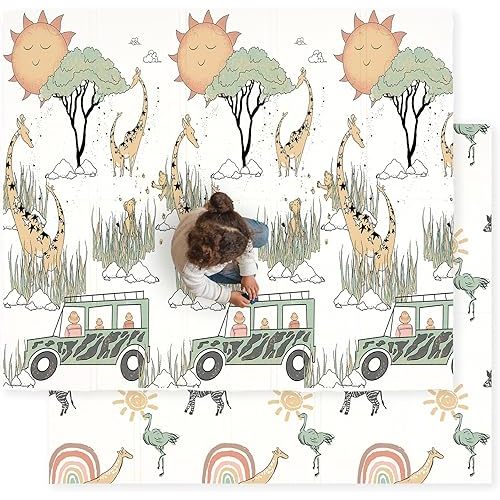 JumpOff Jo - Large Waterproof Foam Padded Play Mat for Infants, Babies, Toddlers, Play Pens & Tummy Time, Foldable Activity Mat, 70 in. x 59 in. - Safari