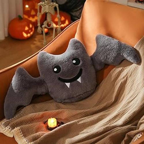 YRXRUS Bat Pillows, Halloween Bat Shaped Throw Pillows for Halloween Room Decoration, Gray Pillows 8x23 Inches Soft Faux Rabbit Fur Cushion for Holiday