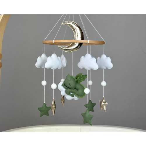 Green dragon baby mobile neutral Felt dragon crib mobile Fantasy nursery mobile Sleeping dragon on cloud Dragon baby shower decor