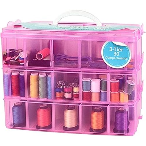 Bins & Things Pink 3-Tier Stackable Bead Organizer with Lids - Craft Organizers and Storage Box - 30 Adjustable Compartments for Art Supplies, Sewing Needs, or Kids’ Toys - Portable Design