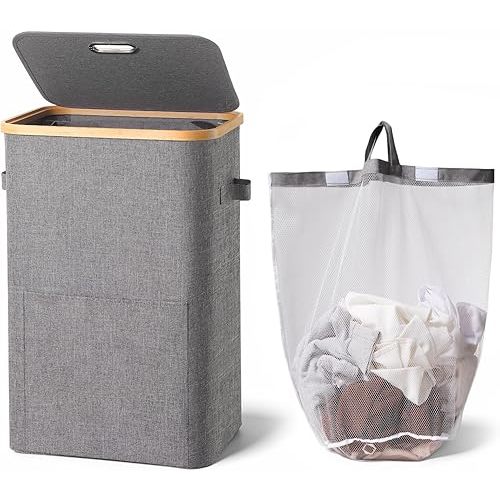 Laundry Basket with Lid,Collapsible Clothes Hampers for Laundry with Handles and Removable Inner Bag,Large Hamper with Internal Support for Laundry Room, Dorm and Bedroom,80L Grey