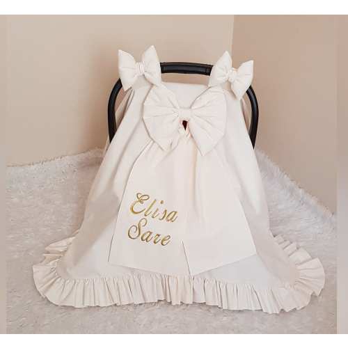 Light Cream Baby Carseat Cover Girl with 3 Bows , Ruffle Custom Baby Carseat Canopy Girl , Gold Name Embroidery , Baby Shower Gift Girl