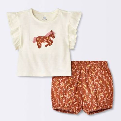 Baby Girls' Pony Short Sleeve and Floral Bloomers Set - Cloud Island™ Cream 18M