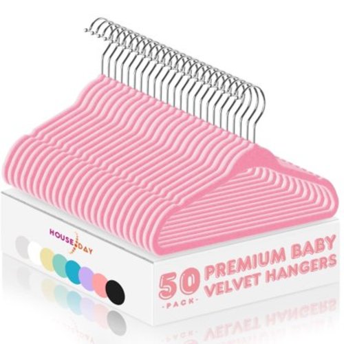HOUSE DAY 50 Pack Velvet Kids Hangers 11'' Inch Baby Felt Hangers Space-Saving Thin Design Baby to Toddler Clothes Organizer, Pink