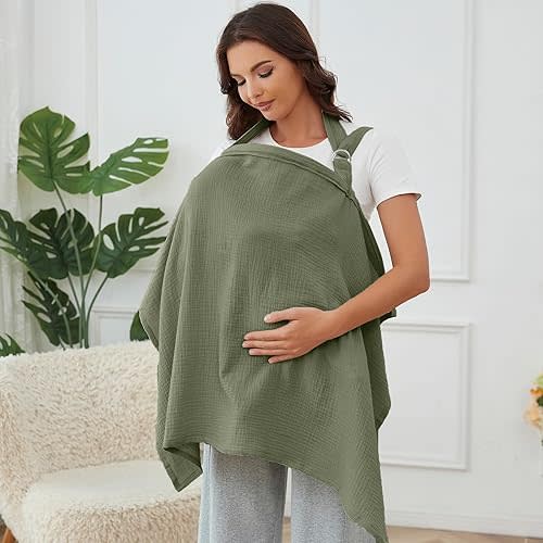 Nursing Cover for Baby Breastfeeding with Rigid Hoop, Breathable Soft 100% Muslin Cotton, Baby Breast Feeding & Pumping Apron, Multi Use Baby Car Seat Stroller Cover (Light Green)