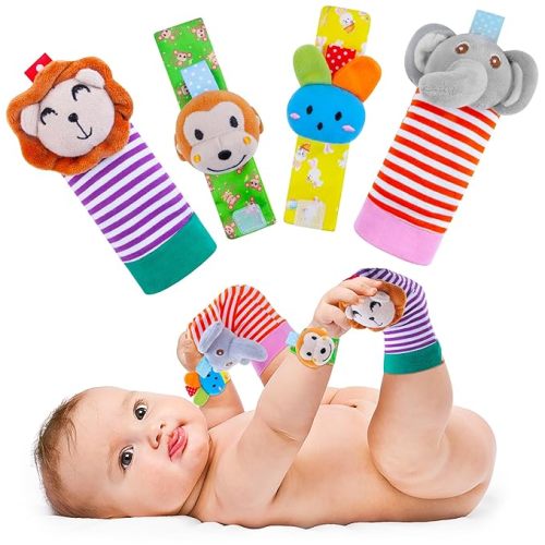 Baby Rattle Cotton Socks and Wrist Rattle Strap Set, Infant Toys 0 3 6 9 12 Months, Baby Gifts for Boys and Girls, Develop Babies Sensory Toys - multicolored