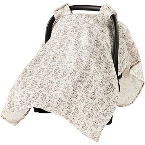 100% Muslin Cotton Car Seat Cover, Soft Breathable Car Seat Canopy for Baby, Universal Infant Carseat Sunshade, Lightweight Summer Stroller Cover for Boys Girls - Floral Print