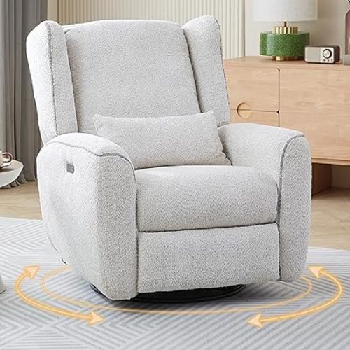 Power Swivel Glider Nursery Recliner Electric Boucle Rocker Reclining Chair with Type-C & USB Port Upholstered Cushion,Lumbar Support,Sturdy Footrest,for Living Room Beige