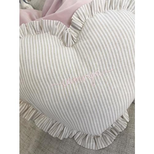 Personalized Heart Pillow for Girls Room, White and Taupe Stripe, Embroidered Name, Kids, home decor, cushion, bedding, nursery, beige, baby