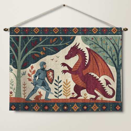 Woven Dragon Knight Tapestry, Whimsical Fantasy Kids Room Wall Art