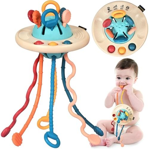 Baby Sensory Montessori Teething Toys for 24 Months, Pull String Silicone Teething Toy for 2 3 Year Old, Sensory Development Toddler Travel Toys for 2-3 Year Old Boy Girl Birthday Gifts (White)
