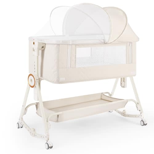 FYYWBABY Baby Bassinet 5 in 1,Baby Bedside Bassinet with Diaper Table, Mosquito Net, Mattress, Storage Layer, Can Be Stored in One Button Travel Crib (Beige)
