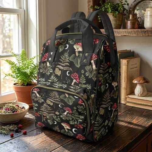 Dark Wood Mushrooms Moons Diaper Bag, Forestcore Diaper Backpack, Dark Cottagecore Baby Bag, Forest Fairy Mama Gift, Goblincore Baby Bag