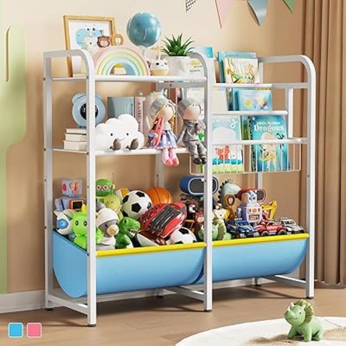 Kids Bookshelf and Storage - 3 Tier Montessori Bookshelf with Fabric Toy Box, Nursery Book Shelves for Children, Baby Toddler Toy Organizer Book Shelf for Kids Rooms, Living Room, Bedroom
