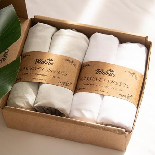 Baby Bassinet Sheets 4 Pack Compatible with 33 x 20 Mika Micky, Baby Delight, Dream On Me and Other Rectangle Bassinet Mattress, Ultra Soft & Skin Friendly, Washer & Dryer, Grey and White