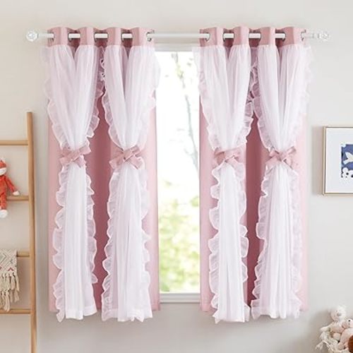 PONY DANCE Girls Curtains for Bedroom Decorative Drapes for Kids Double Layer Curtain Ruffle Sheer Overlay Room Darkening Pretty Chic Princess, 52x63 inch, Blush Pink, 2 PCs