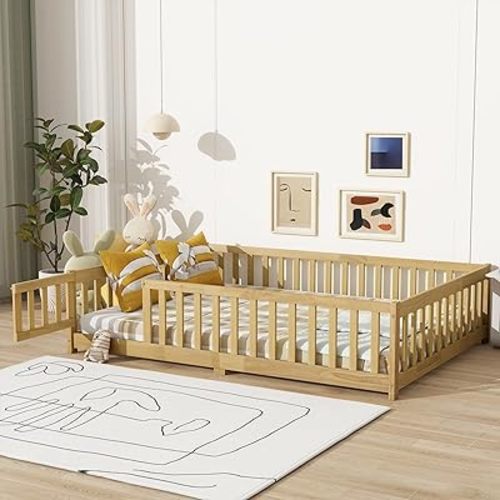 Full Size Floor Bed with Fence and Door,Rubber Wood Floor Bed w/Safety Guardrails/Near The Ground,Easy to Assemble & No Box Spring Needed, Natural