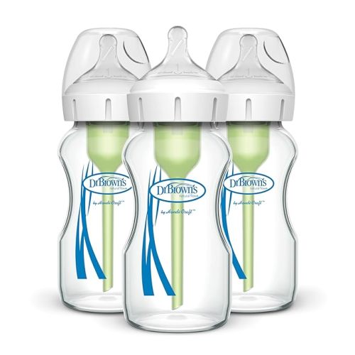 Dr. Brown's Natural Flow Anti-Colic Options+ Wide-Neck Glass Baby Bottles 9 oz/270 mL, with Level 1 Slow Flow Nipple, 3 Pack, 0m+ - 3 Pack, 9 oz