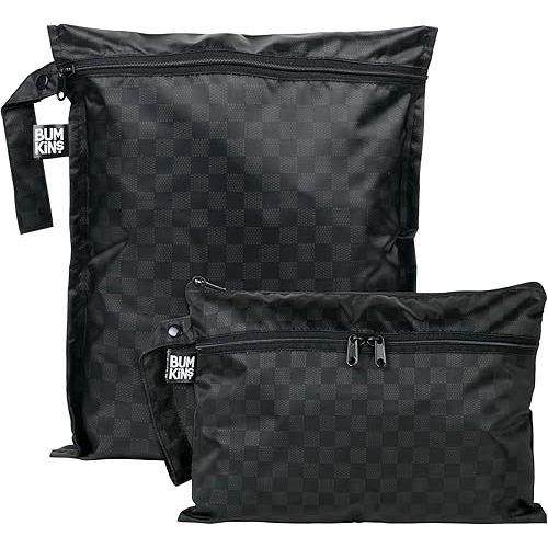 Bumkins Waterproof Wet Bag and Wet Dry Clutch Bags for Baby, Travel, Swim Suit, Cloth Diapers, Pump Parts, Pool, Gym Clothes, Toiletry, Hook to Stroller, Daycare, Zip Packing Pouch, 2-pc Black Check