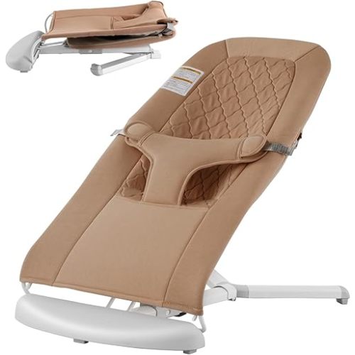 VEVOR Baby Bouncer, Folding Bouncer Seat for Babies 0-9 Months, Newborn Bouncer Chair with 2 Reclining Angles & 3-Point Harness, Portable Infant Rocker with Carrying Bag for Indoors Outdoors, Camel