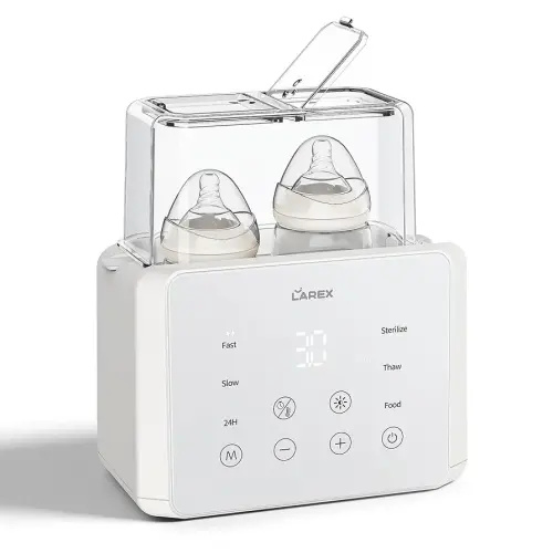 LAREX Double Bottle Warmer, 11-in-1 Fast Baby Bottle Warmer for Breastmilk and Formula, with Timer, Fits 2 Bottles, Accurate Temp Control, Milk Warmer with Thaw, Steri-lizing, Keep Warm, Heat Food