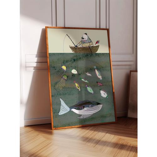 Polar Bear Fishing Art Print, Kids Wall Decor, For Bathroom, Playroom, Children, Nursery, Sealife, Ocean, Whale Prints, Birthday Gift