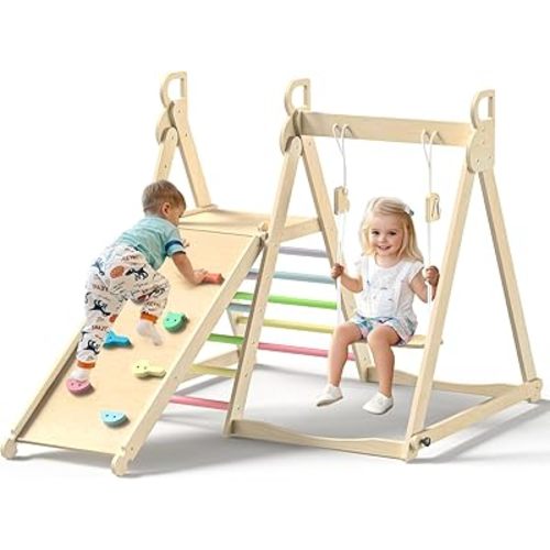 BlueWood 4 in 1 Indoor Jungle Gym, Foldable Wooden Climbing Set with Swing, Slide, Ladder and Climbing Wall, Montessori Philosophy Climber Playset for Kids Aged 2+ (Rainbow)