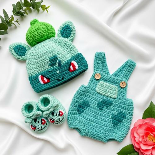 Baby Crochet Outfit Set, Bulbasaur Pokémon Costume, Grass Starter Cosplay, Newborn Photo Prop crochet sweater baby outfit
