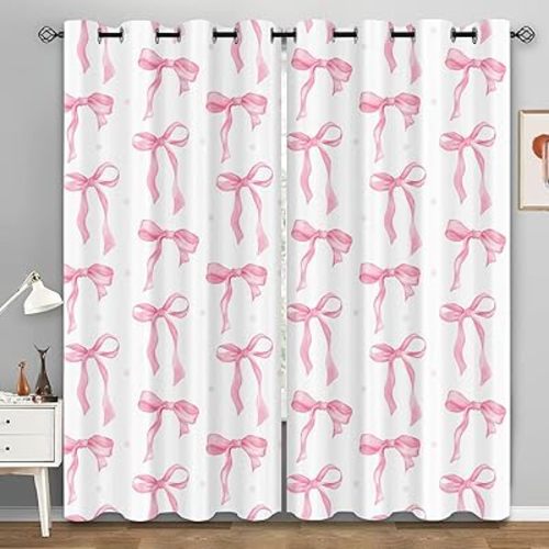 LUVIVIHOME Pink Bow Curtains, Cute Blackout Curtains for Girls Bedroom, Kids Room Decor, Aesthetic Girly Curtains, 2 Panel Sets, 52x63 Inch