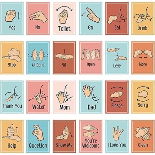 Aposwow Sign Language Posters for Classroom - 24Pcs Common Words and Phrases Hand Sign Language Cards for Kids Baby Toddlers, ASL American Signal Language Posters School Classroom Decor
