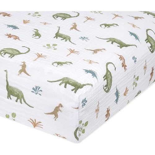 aden + anais Essentials Classic Crib Sheet, 100% Cotton Muslin, Super Soft & Breathable, Tailored Snug Fit, Dino Jungle