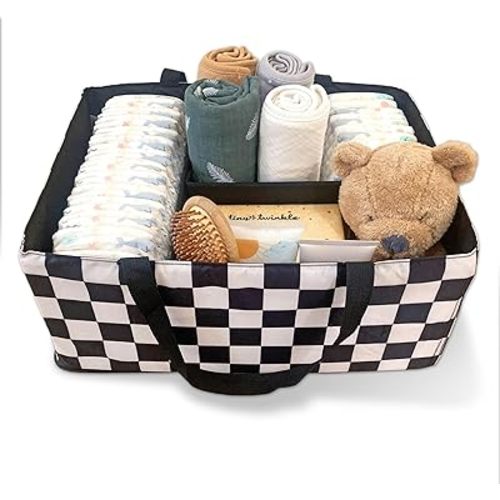 Tiny Twinkle Diaper Caddy Organizer | Foldable Baby Storage Basket with Removable Divider | Waterproof & Mess-Proof Fabric, Portable Nursery Organizer for Newborn Essentials (Black Checkers)