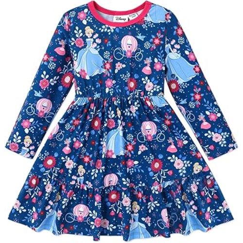 Disney Princess Toddler Girl Dress Aurora Cinderella Moana Ariel Rapunzel Character Print Long Sleeve Dress 2-6 Years