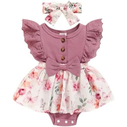 Sinhoon Baby Girl Clothes Newborn Ruffled Sleeveless Romper Floral Dreesy Bodysuit Heaedband 3pcs Baby Girl Summer Clothes