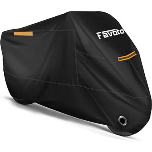 Favoto Motorcycle Cover All Season Universal Weather Quality Waterproof Sun Outdoor Protection Durable Night Reflective with Lock-Holes & Storage Bag Fits up to 96.5" Motorcycles Vehicle Cover