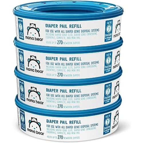 Amazon Brand - Mama Bear Diaper Pail Refills for Diaper Genie Pails, Unscented, 1080 Count (4 Packs of 270 Count)