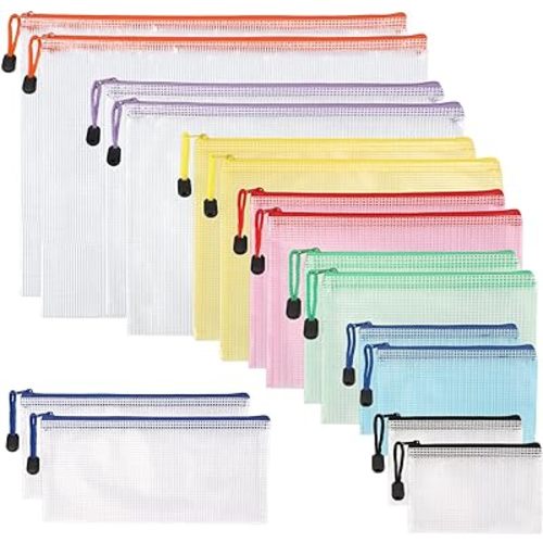 JPSOR 16pcs 8 Size Mesh Zipper Pouch for Organization, Waterproof Zipper Pouches Colored PVC Travel Zipper Bags Clear Multipurpose Document Bags for School Office Home Cosmetics Storage Toys Puzzle