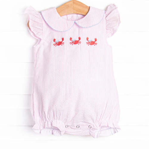 Crab Walk Cutie Embroidered Bubble, Pink Seersucker – Stitchy Fish.