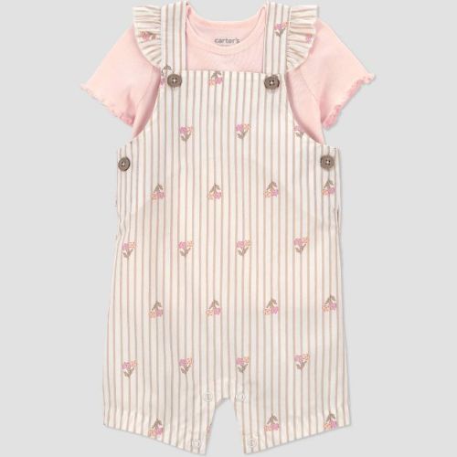 Carter's Just One You® Baby Girls' 2pc Striped Floral Overalls Set - Pink Newborn
