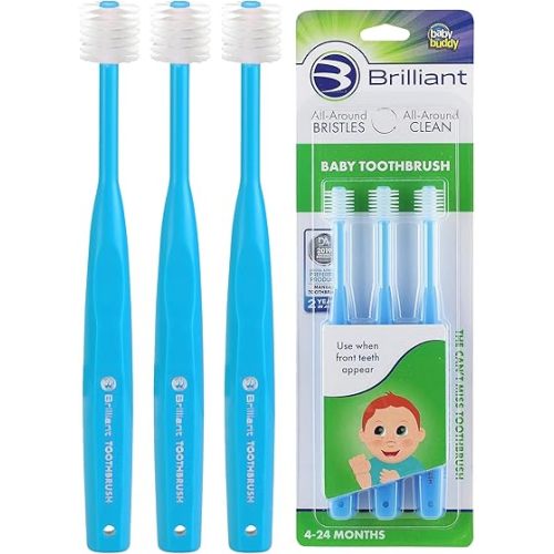 Brilliant Oral Care Baby Toothbrush with Soft Bristles and Round Head, for a Toddler Approved, Easy to Use All-Around Clean Mouth, Ages 0-2 Years, Blue, 3 Pack
