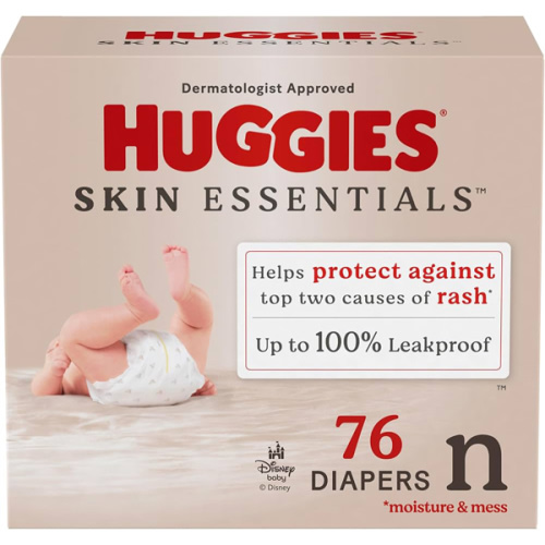Huggies Pañales para recién nacidos, pañales Skin Essentials para bebé, tamaño recién nacido (6-9 libras), 76 unidades, el embalaje puede variar
