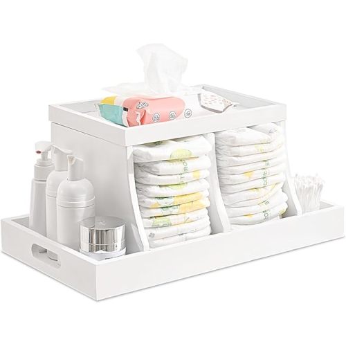 Diaper Caddy Organizer, Changing Table Organizer, Wooden Diaper Organizer for Nursery, Baby Diaper Storage Organizer with Removable Dividers (White, Rectangular Size)