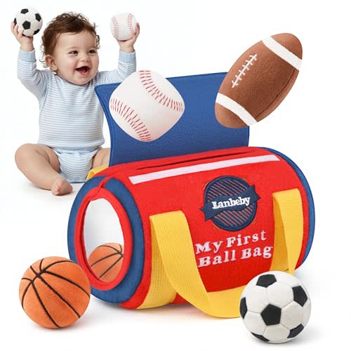 Baby Boy Toys 6-12 Months – My First Sports Bag Musical Infant Toys | 4 Sensory Balls – Basketball, Football, Baseball, Soccer – Rattle, Squeaker, Mirror for 0-3-6-9-12 Month Old Baby Boy Gifts