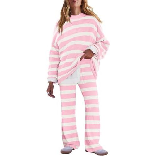 LAMISSCHE Oversized Womens Lounge Set Striped Sweater Set Long Sleeve 2 Piece Pajama Set Top and Pants with Pockets