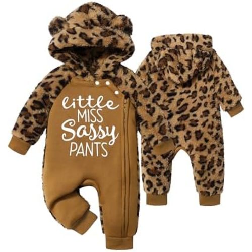 Baby Girl Onesie Snowsuit Bear Outfit Winter Leopard Print Fleece Hoodie Romper Zip Closure Clothes Set