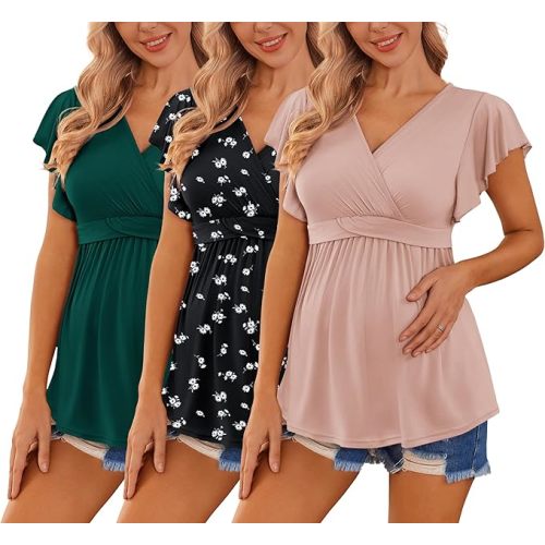 Ekouaer Maternity Shirts 3 Packs Flying Short Sleeve Nursing Tops Pregnancy Clothes
